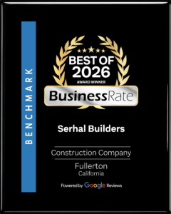 Serhal Builders BusinessRate Best of 2026 Award Winner plaque, Construction Company, Fullerton, California