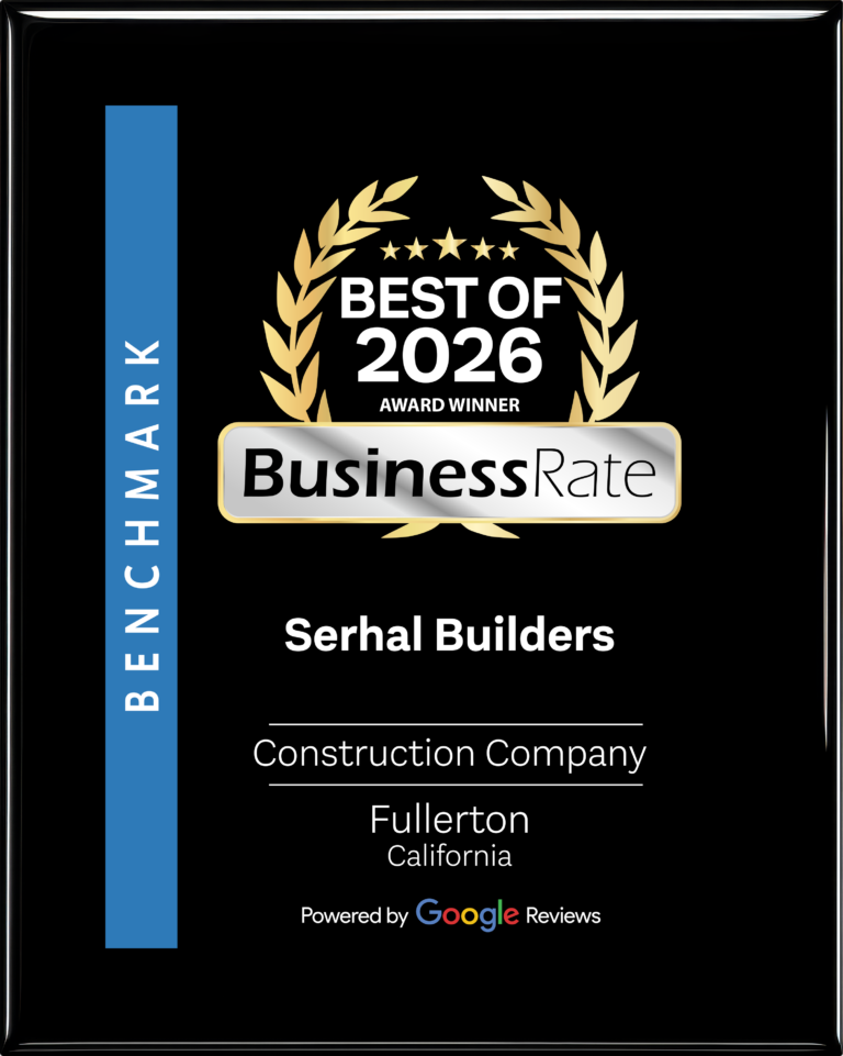Serhal Builders BusinessRate Best of 2026 Award Winner plaque, Construction Company, Fullerton, California